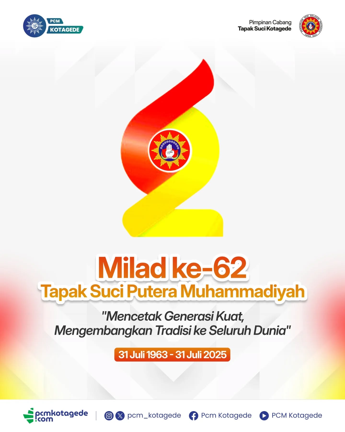 "Mencetak Generasi Kuat, Mengembangkan Tradisi ke Seluruh Dunia"
Selamat Milad ke-62 untuk Tapak Suci Putera Muhammadiyah!
Tapak Suci terus melahirkan kader tangguh yang tak hanya ahli dalam bela diri, tetapi juga berakhlak mulia dan siap mengabdi untuk umat dan bangsa. 🌍✨
Teruslah berkarya, menginspirasi, dan menjaga warisan keilmuan yang telah mengakar kuat dalam tradisi kita. 💪⚔️
_____
website : pcmkotagede.com
Facebook : Pcm Kotagede
Instagram : pcm_kotagede
X : Pcm kotagede
Youtube : PCM Kotagede
© Majelis Pustaka dan Informasi PCM Kotagede
#muhammadiyah #islam #berkemajuan #pcm #kotagede #tapaksuci #milad #momentpcmkotagede #yogyakarta #2025