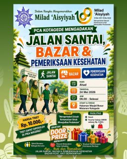 🌿 Semarak Milad ‘Aisyiyah ke-109 hadir di Kotagede 🌿
Yuk ramaikan kegiatan penuh manfaat bersama PCA Kotagede dalam acara
🚶♀️ Jalan Santai
🛍️ Bazar UMKM
🩺 Pemeriksaan Kesehatan
📅 Ahad, 24 Mei 2026
⏰ 06.00 WIB – selesai
📍 Halaman Masjid Besar Mataram Kotagede
✨ Hanya dengan tiket Rp10.000,- kamu sudah mendapatkan:
✅ Snack
✅ Voucher belanja UMKM Rp5.000,-
✅ Kesempatan mendapatkan doorprize menarik 🎁
✅ Pemesanan tiket di masing masing PRA
Mari pererat silaturahmi, sehat bersama, dan dukung pemberdayaan UMKM dalam semangat:
“Memperkokoh Dakwah Kemanusiaan untuk Mewujudkan Perdamaian”
#pcmkotagede #muhammadiyah #kotagede #pcakotagede #miladaisyiyah109