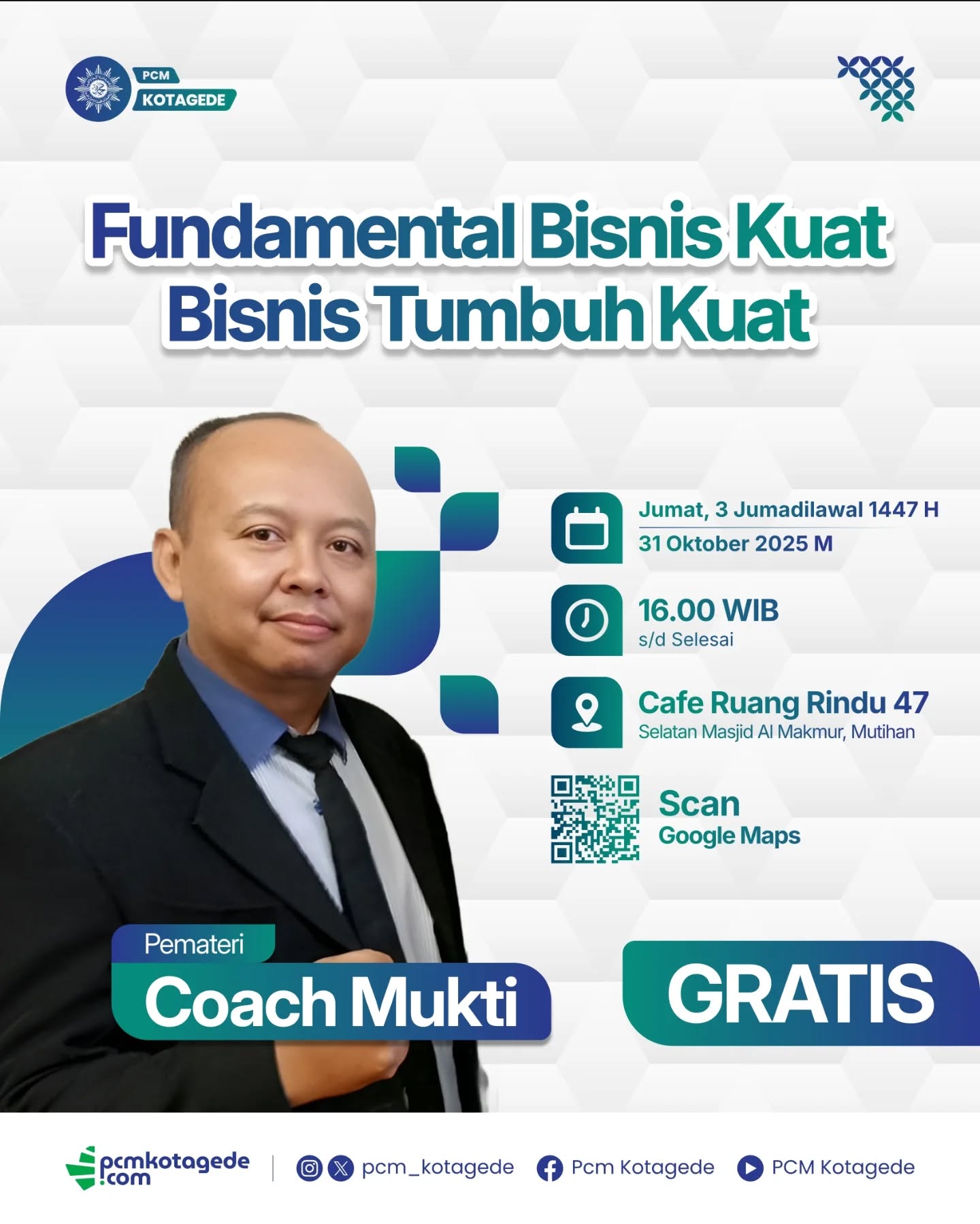 Bincang Bisnis PCM Kotagede

Pernah merasa bisnis jalan di tempat atau mudah goyah saat ada tantangan? Itu tandanya, FUNDAMENTAL BISNIS Anda belum kuat!

Saatnya benahi dari akar!

Ikuti BINCANG BISNIS : "Fundamental Bisnis Kuat, Bisnis Tumbuh Kuat"

Pelajari Rahasia: Membangun struktur bisnis yang kokoh, strategi pemasaran dasar yang efektif, dan manajemen keuangan yang efektif dan efisien.

Hari & Tanggal : Jumat, 31 Oktober 2025
Pukul : 16:00 WIB

Tempat:

Cafe Ruang Rindu 47
(selatan masjid Al Makmur Mutihan)

Maps : https://maps.app.goo.gl/y9XqezxroEjjHhMw9?g_st=atm

Pembicara : Coach Mukti (founder lebih dari 30 perusahaan)

Biaya : GRATIS

Untuk informasi dan pendaftaran silakan menghubungi :

- Hashfi (081903031990)
- David (081802737133)
- Lutfi (08122702881)

Acara ini diadakan oleh PCM Kotagede

_____
website : pcmkotagede.com
Facebook : Pcm Kotagede
Instagram : pcm_kotagede
X : Pcm kotagede
Youtube : PCM Kotagede

© Majelis Pustaka dan Informasi PCM Kotagede

#muhammadiyah #islam #berkemajuan #pcm #kotagede #bisnis #momentpcmkotagede #talkshow #yogyakarta #2025