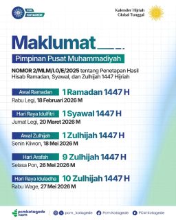 Pimpinan Pusat Muhammadiyah telah menetapkan awal Ramadan, Syawal, dan Zulhijah 1447 H melalui maklumat resmi sebagai bagian dari penerapan KHGT (Kalender Hijriah Global Tunggal).
KHGT merupakan ikhtiar Muhammadiyah untuk menghadirkan kepastian waktu ibadah, memperkuat persatuan umat, serta menjawab tantangan global dengan pendekatan keilmuan dan berkemajuan.
Mari kita sambut momentum ibadah dengan kesiapan iman, kebersamaan, dan semangat Islam berkemajuan.
_____
website : pcmkotagede.com
Facebook : Pcm Kotagede
Instagram : pcm_kotagede
X : Pcm kotagede
Youtube : PCM Kotagede
© Majelis Pustaka dan Informasi PCM Kotagede
#muhammadiyah #islamberkemajuan #pcmkotagede #khgt #ramadan