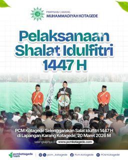 Pimpinan Cabang Muhammadiyah (PCM) Kotagede telah melaksanakan Salat Idulfitri 1 Syawal 1446 Hijriah yang jatuh pada jumat, 20 maret 2026. Pelaksanaan salat Idulfitri dimulai pada pukul 06.30 WIB di lapangan karang kotagede.

Bertindak sebagai imam dan khatib yakni K.H. Muhammad Nashirul Ahsan, Lc., selaku pimpinan sekaligus pendiri Pondok Pesantren MBS Prambanan Yogyakarta.

Terimakasih atas bantuan dan kerjasamanya kepada seluruh PRM di kotagede, 'Aisyiyah, KOKAM, Tapak Suci, Nasyiatul Aisyiyah, HW, AMM Kotagede, SMP Muhammadiyah 7 dan seluruh masyarakat kotagede.

#muhammadiyah #pcmkotagede #kotagede #siaplebihawal
