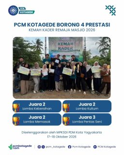 Alhamdulillah, kader Muhammadiyah Kotagede kembali menorehkan prestasi

Dalam kegiatan Kemah Kader Remaja Masjid 2026 yang diselenggarakan oleh MPKSDI PDM Kota Yogyakarta pada 17–18 Oktober 2026 di Bumi Perkemahan Jaka Garong, Turi, Sleman, perwakilan PCM Kotagede berhasil meraih empat penghargaan.

Berikut prestasi yang diraih:
🥈 Juara 2 Lomba Kebersihan
🥈 Juara 2 Lomba Kultum
🥈 Juara 2 Lomba Memasak
🥉 Juara 3 Lomba Pentas Seni

PCM Kotagede mengirimkan tiga regu yang terdiri atas dua regu Nasyiatul Aisyiyah (NA) Kotagede dan satu regu Pemuda Muhammadiyah (PM) Kotagede.

Regu 1 NA Kotagede, dipimpin oleh Inas, beranggotakan Nada, Widya, Nabila, Faiqah, dan Nasha.

Regu 2 NA Kotagede, dipimpin oleh Deya, beranggotakan Rifka, Ratih, Itul, Intan, dan Irsa.

Regu 1 PM Kotagede dipimpin oleh Zaky, dengan anggota Wikan, Lopa, Irsyad, Hanung, dan Rifky.

Selamat kepada seluruh kader PCM Kotagede! Terus berkarya, terus berprestasi, dan terus menjadi bagian dari gerakan dakwah Muhammadiyah yang mencerahkan.

#pcmkotagede #kotagede #muhammadiyah #pmkotagede #nakotagede
